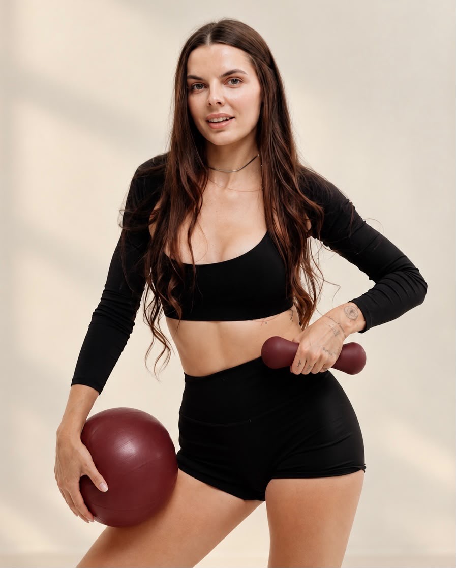 Justyna Goryluk, prowadząca SCULPT Instructor Training, z hantlem i piłką Pilates